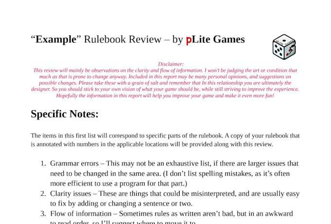 review your tabletop game rulebook